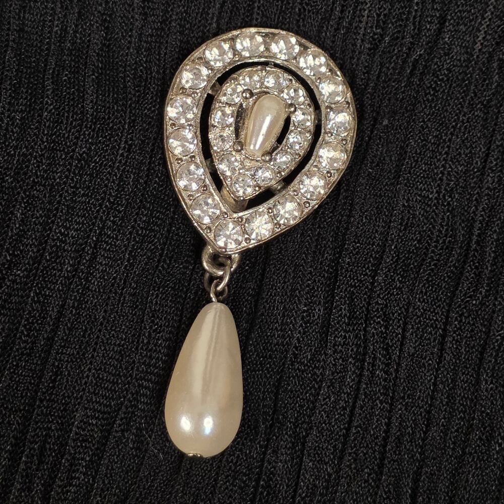 Vintage Rhinestone Teardrop Brooch Faux Pearl Dangle Silver Tone Bridal